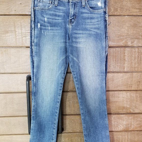 BUCKLE FLYING MONKEY SKINNY BLUE JEANS SIZE 26 RAW HEM DISTRESSED TUXEDO STRIPE - Picture 1 of 12